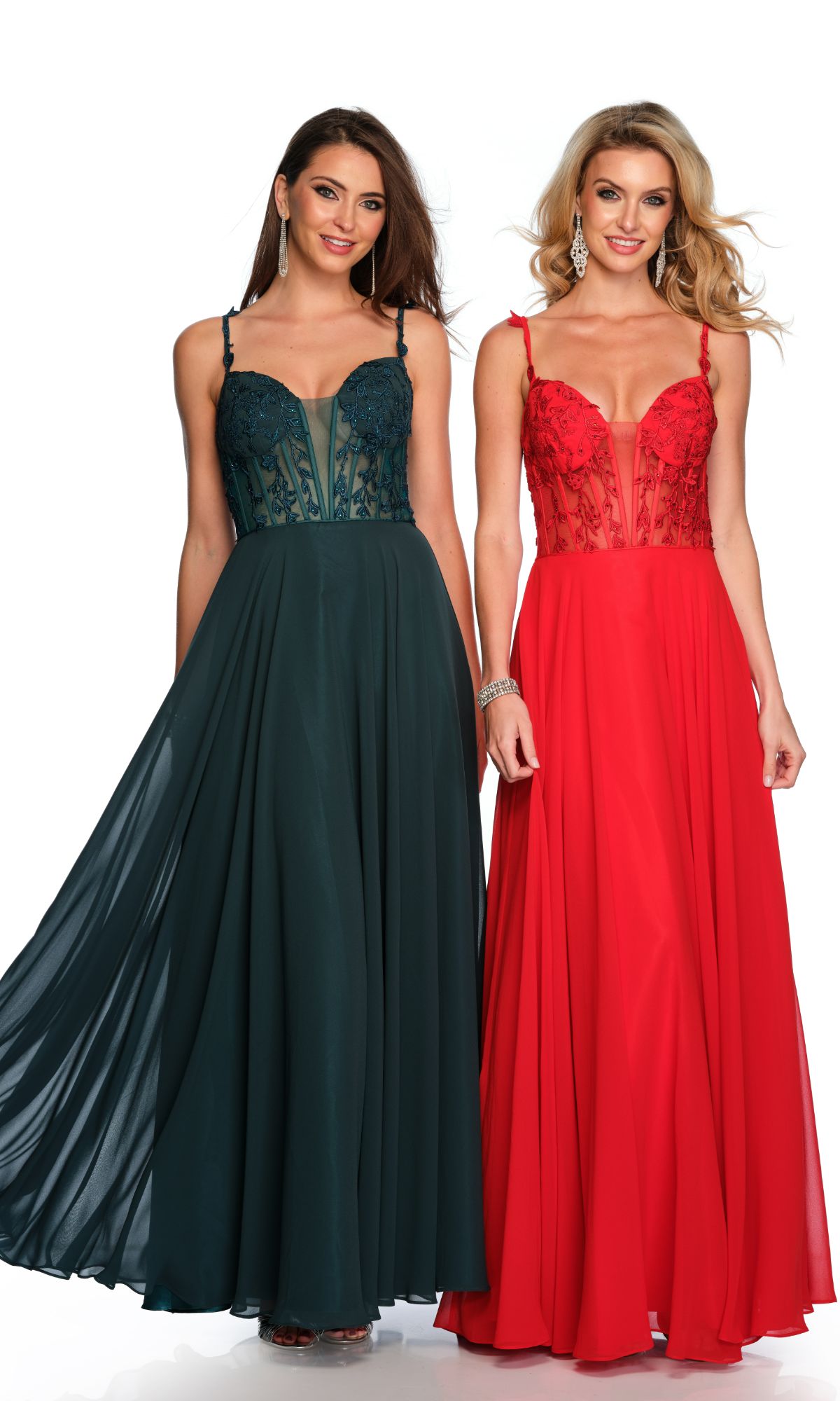 Two women wear the Long Formal Dress 11582 by Dave and Johnny in dark green and red, featuring lace bodices and flowing a-line floor-length skirts.